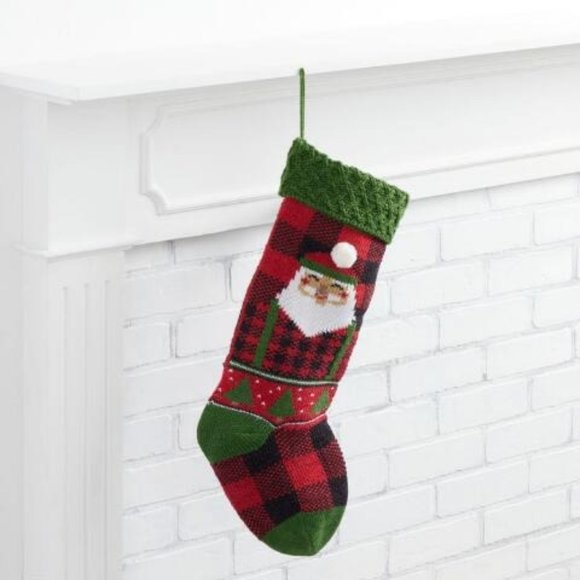 World Market Red And Green Knit Lumberjack Santa Christmas Stocking  NEW - Picture 1 of 2